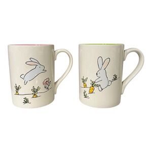 Spring Embossed Coffee Cups Mugs Bunny Carrots Garden Set of 2 Easter Decor
